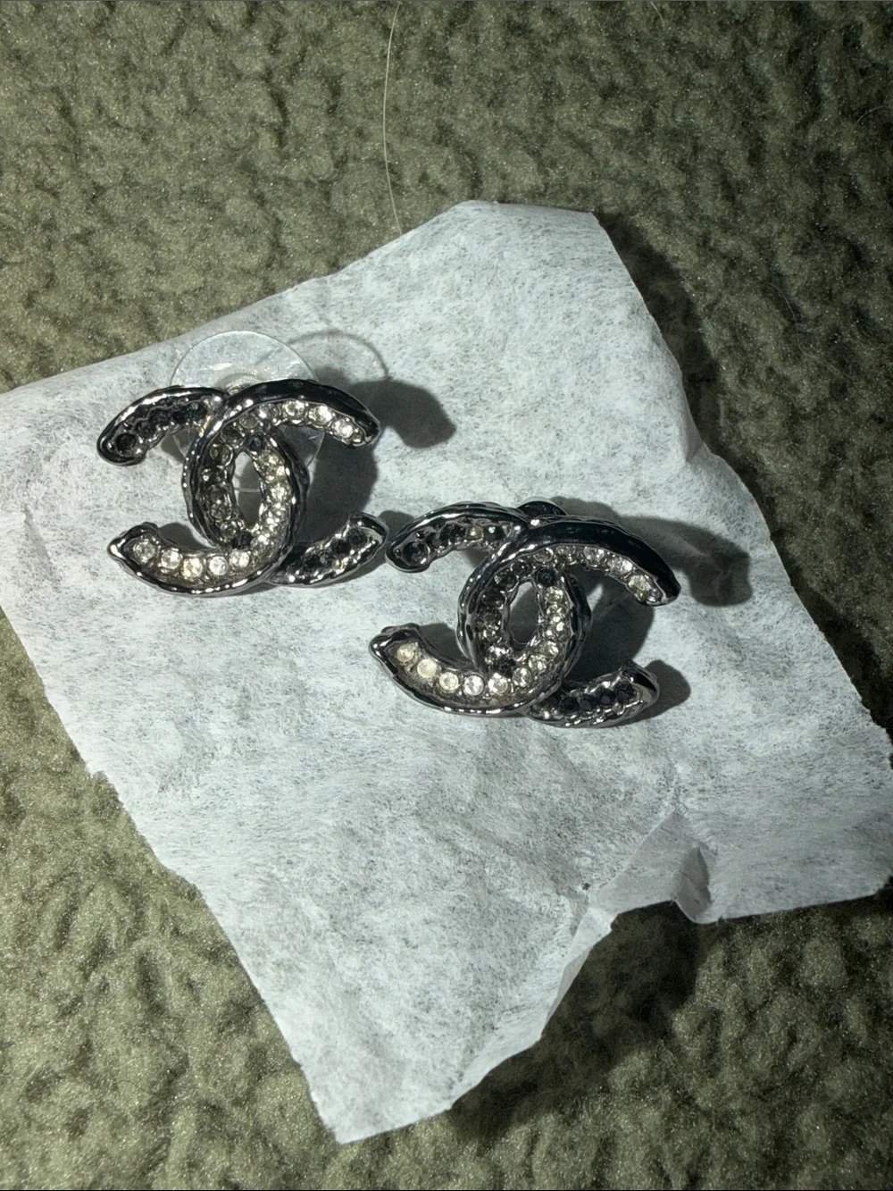 CHANEL Silver Crystal CC Logo Stud Earrings - Picture 1 of 5